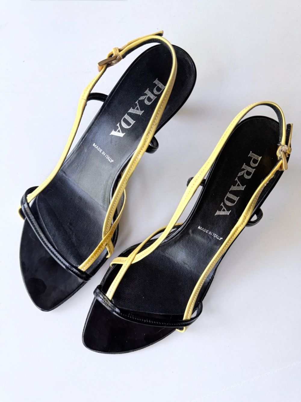 Vintage Prada Black & Yellow Patent Leather Strappy Slingback Sandal Heels 39.5 - Picture 4 of 16